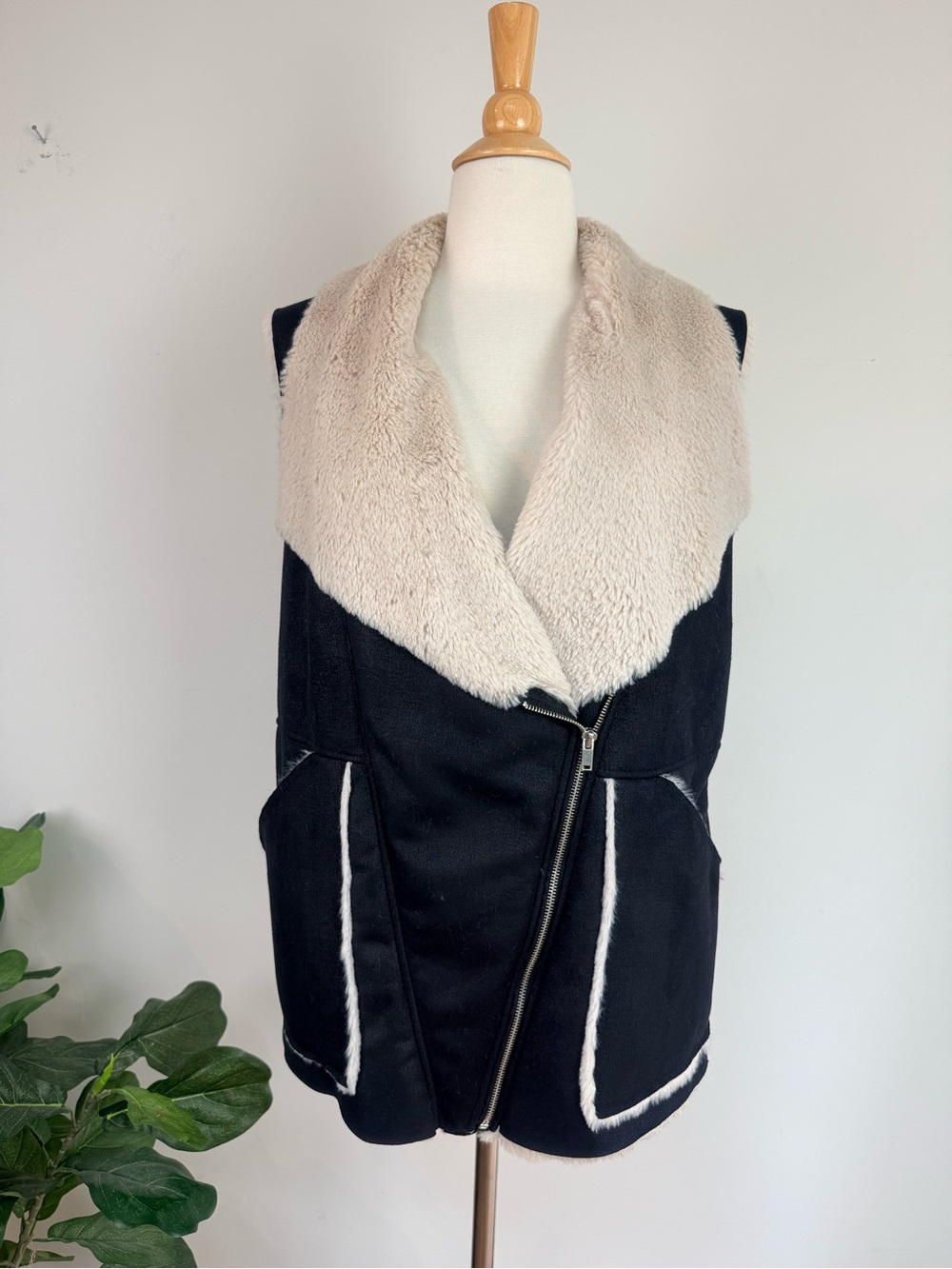 Zara Black Vest with Cream Faux Shearling Collar